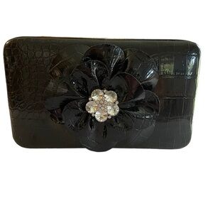 Hananel Clutch Purse, Black Patent, Diamond Rose on Front, New without T…